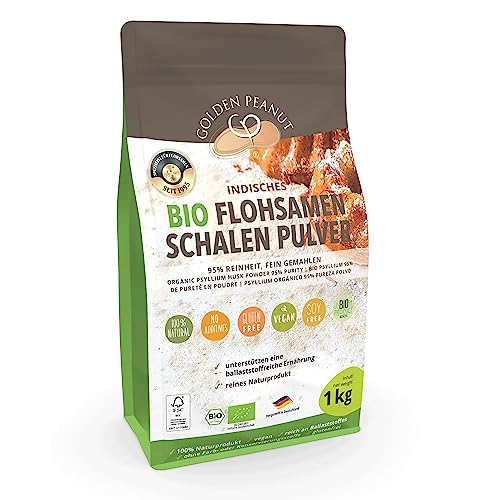 Bio Flohsamenschalen Pulver 95 % 500 g / 1 kg (99 % 500g / 1kg) | Psyllium Pulver | fein gemahlen | ohne Zusätze | glutenfrei | geprüfte Qualität | Backzutat | Golden Peanut