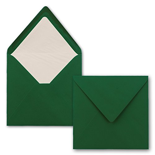 Umschläge Quadratisch 16 x 16 cm - 100 Stück - Dunkelgrün mit weißem Seidenfutter - gefütterte quadratische Briefumschläge - Nassklebung