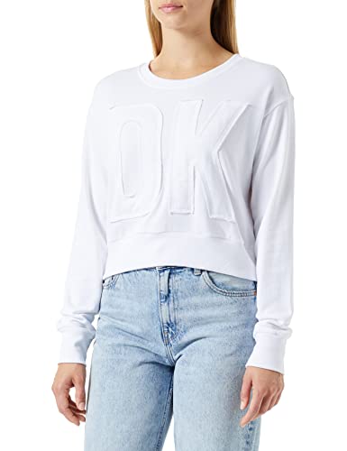 DKNY Women's Exploded Applique Logo Crewneck Pullover Sweater, White, Medium