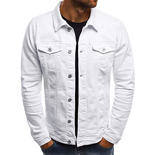 KPILP Herrenmode Herbst Winter Taste Einfarbig Vintage Jeansjacke Tops Bluse Mantel Outwear Langarm-shirt（Weiß, 2XL）