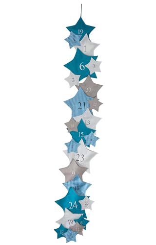 Adventskalender Stars Türkis - Wiederverwendbarer Stoff-Adventskalender zum Selbstbefüllen, Girlande mit 24 unterschiedlichen Stoffsternen, 200 x 35 cm