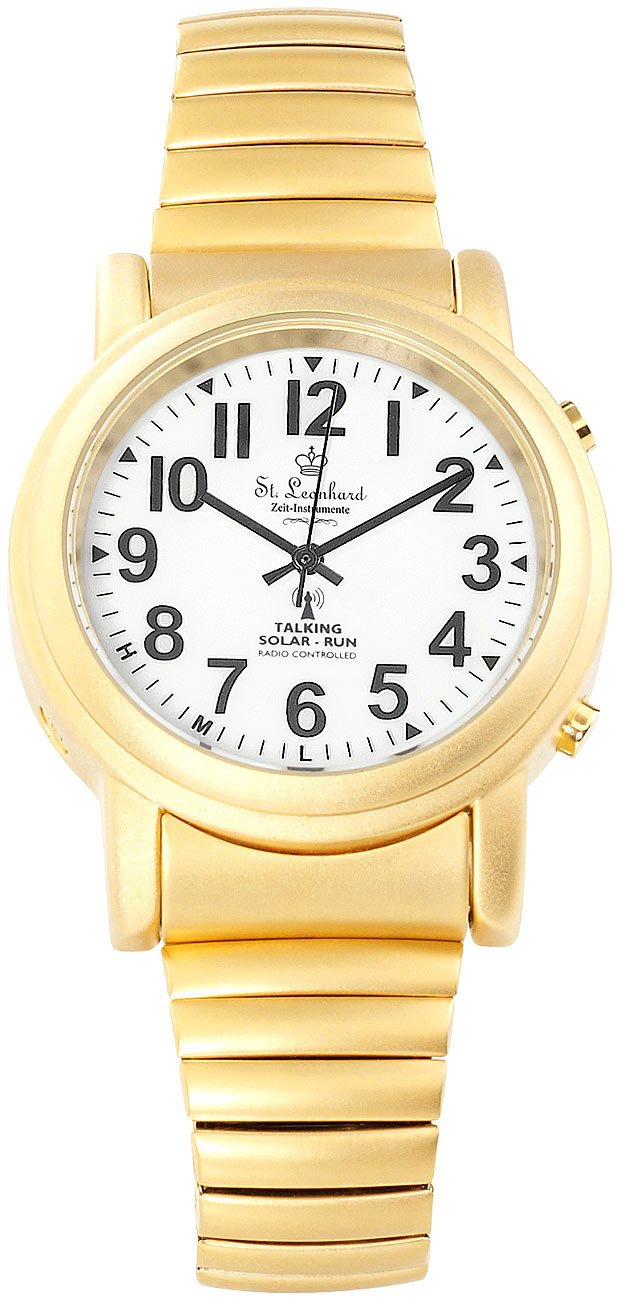 St. Leonhard Sprechende Uhr: Sprechende Funk- & Solar-Seniorenuhr, vergoldet (Sprechende Uhr für Blinde, Uhr für Sehbehinderte Senioren, Geschenk Herren)