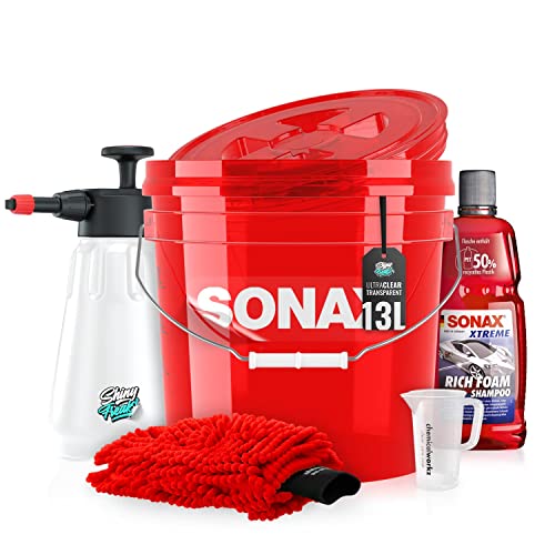 Auto Wascheimer Set: Waschset (3,5GAL) inkl. Deckel & Foamer für die Auto Handwäsche - Sonax Rich Foam Shampoo + Waschhandschuh - Autowäsche, waschen, reinigen, pflegen | 7-teilig