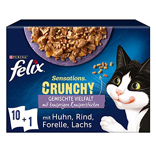 FELIX Sensations Crunchy Katzenfutter nass in Gelee, Sorten-Mix, 6er Pack (6 x 10 Beutel à 85g)