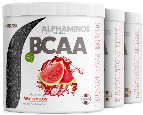 BCAA Pulver 3x300g WASSERMELONE - Testsieger - ALPHAMINOS BCAA 2:1:1 - Das ORIGINAL von ProFuel - Essentielle BCAA Aminosäuren - Unfassbar leckerer Geschmack - 100% vegan - Top Löslichkeit