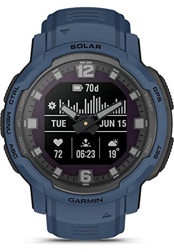 Garmin Instinct Crossover Solar, Hybrid-Smartwatch, 45 mm, Solar-Ladegerät, Rugged Design und Super-Luminova-Zeigern, 70 Tage Akkulaufzeit, 30 Sport, GPS, Cardio, SpO2, Activity Tracker (Tidal Blue)