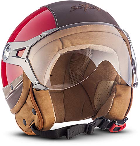 SOXON® SP-325 Urban „Red“ · Jet-Helm · Motorrad-Helm Roller-Helm Scooter-Helm Moped Mofa-Helm Chopper Retro Vespa Vintage Pilot · ECE 22.05 Visier Leather-Design Schnellverschluss Tasche XL (61-62cm)