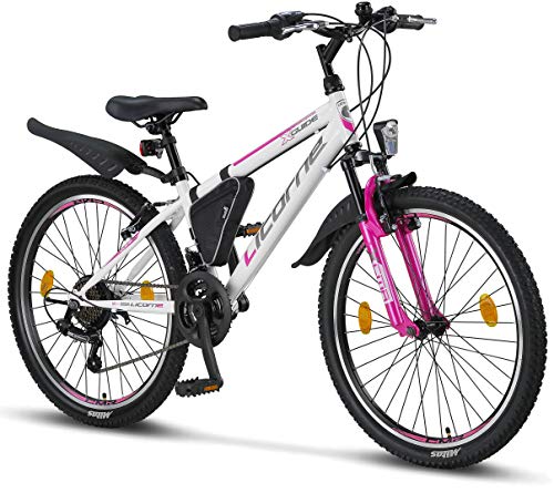 Licorne Bike Guide Premium Mountainbike in 24 Zoll - Fahrrad für Mädchen, Jungen, Herren und Damen - Shimano 21 Gang-Schaltung - Weiß/Rosa