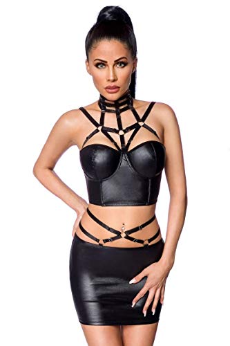 SARESIA 2-teiliges Harness Set Frauen Wäsche-Set schwarz XS-S 100% Polyurethan Dessous, Romantik