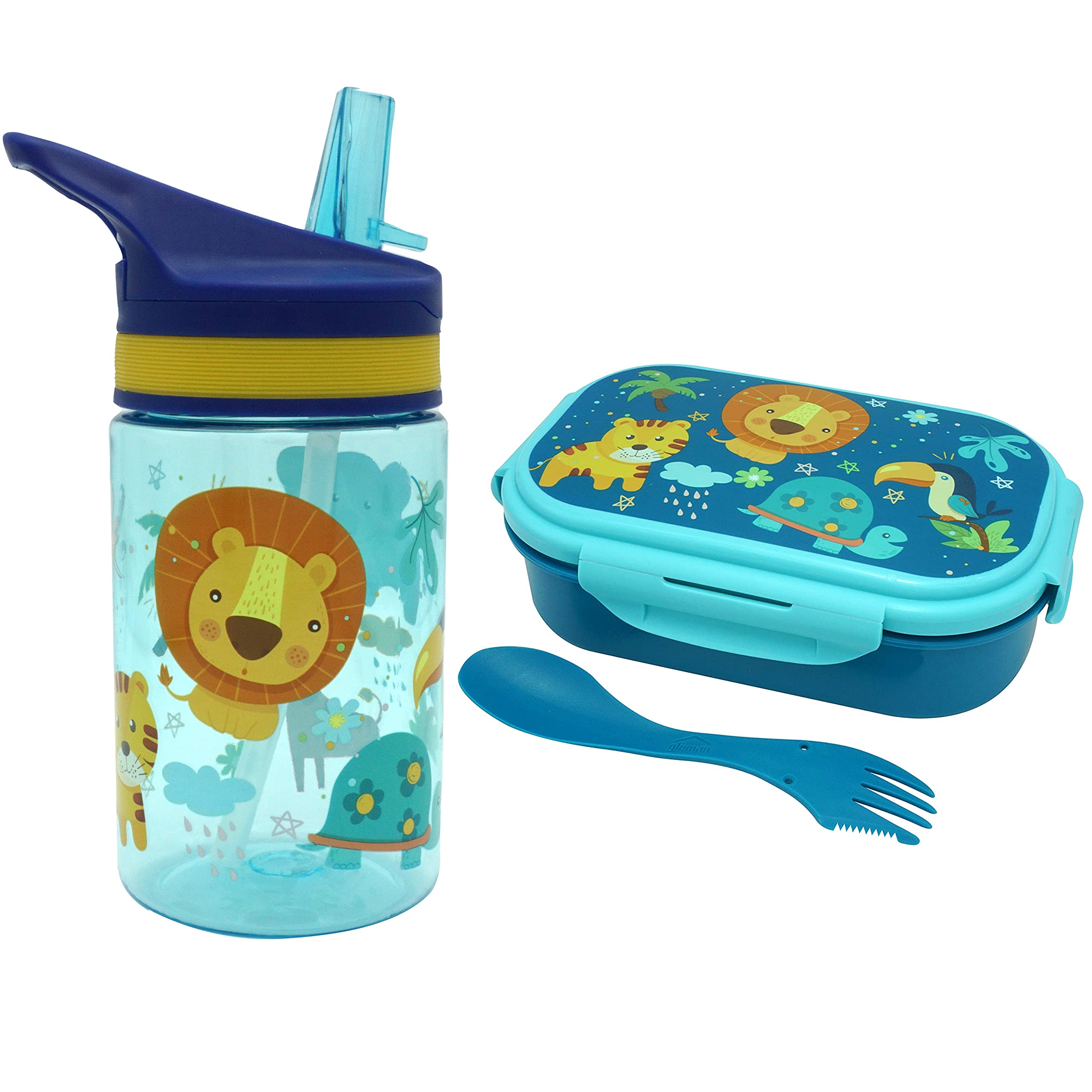 Rechteckige Kinder-Lunchbox mit Göffel |Tritan ungiftige Kunststoff-Trinkflasche(400 ml)mit auslaufsicherem Klappverschluss,BPA-freie Flasche und Lunchbox für Kinder im Alter von 3–7Jahren(Dschungel)