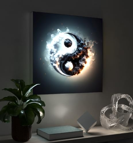 MyMaxxi - Pixlip Poster Yin-Yang-Symbol aus Rauch Wandbild Design Wand Dekoration, Gemälde Mehrfarbig Leuchtrahmen - Symbol China, 120x84 cm, Rahmen: Leuchtrahmen inkl. Druck