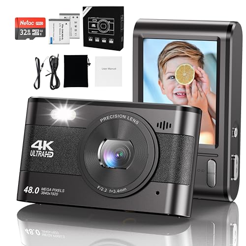 Digitalkamera,4K HD Kompaktkamera 1080P Fotokamera 48MP Kamera18X Zoom Kleine Kamera mit LCD-Bildschirm, kostenlose 32GB SD-Karte und Batterie für Kinder/Kinder/Jugendliche/die Älteren (schwarz)