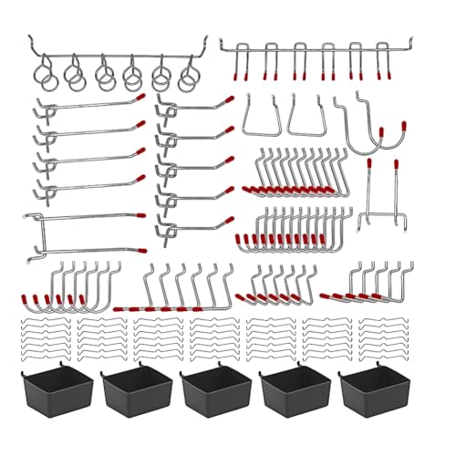 DINESA Stecktafel-Hakensortiment mit Metallhaken-Sets, Lochplattenbehälter, Steckschlösser für die Organisation von Aufbewahrungssystemen, einfach zu bedienen, 114 Stück