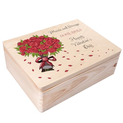 Creative Deco Geschenk für Frau Holzkiste Personalisiert | 40x30x14 cm (+/-1cm) | Mehrere Motive für Valentinstag/Romantische Anlässe | Groß Erinnerungsbox Natur Gravur Holzbox mit Deckel
