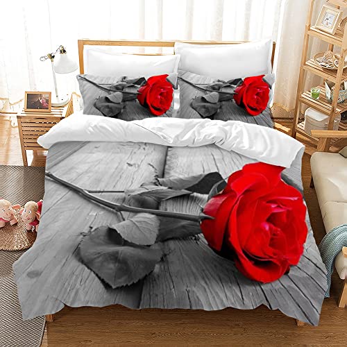 Hoimlm Rot Rose Bettwäsche 220x240 Erwachsene Kinder Bettbezug, Valentinstag Muttertag Rose Bettbezug für Schlafzimmer, Microfaser Bettwäsche mit kopfkissenbezüge