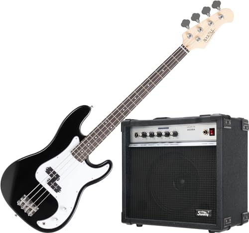 Rocktile Puncher E-Bass Black Set (Preci-Style E-Bass, Chrom-Hardware, 22 Bünde, inkl. Bass-Verstärker) Schwarz