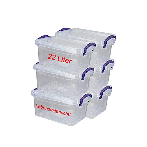 DIES&DAS 6er Set stapelbare Aufbewahrunsboxen Lagerboxen mit Deckel/Klickverschluss u. Griffen - 22 L Lebensmittelecht