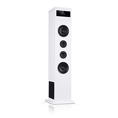 auna Karaboom 100-2.1 Lautsprechersystem, Turmlautsprecher, 2.1 Lautsprecher, Standlautsprecher, 120 Watt max. Bluetooth, USB Port, MP3, AUX-In, inkl. Tablethalter, weiß