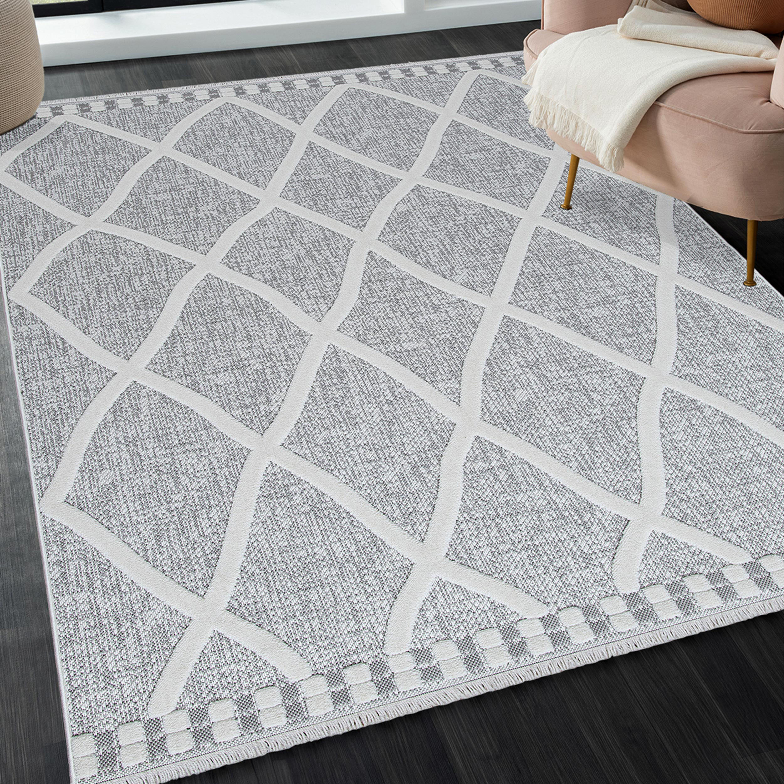 Mynes Home Teppich Kurzflor Hochflor Hochwertiger 3D Muster für Wohnzimmer Schlafzimmer Flur Modern Abstrakt Rauten Design Beige Grau Weiss (200x290 cm)