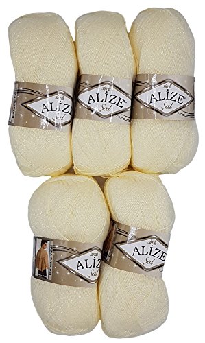 5 x 100 g Alize Glitzerwolle SAL zum Stricken und Häkeln, 500 Gramm Metallic – Wolle (creme 01)