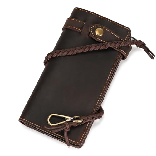 Echtes Leder Lange Brieftasche mit Reißverschluss Tasche Vintage Bifold Scheckheft Geldbörse (Chain Wallet4)
