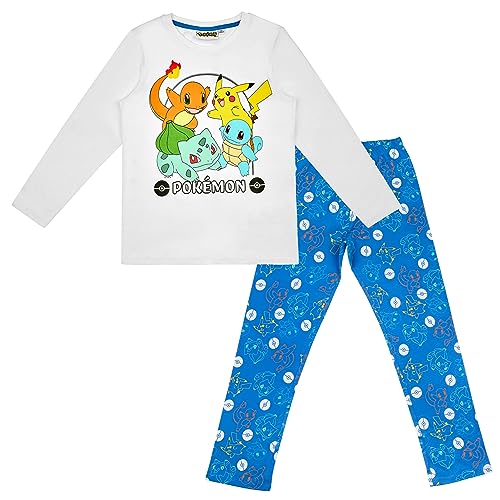 Pokemon Schlafanzug Pyjama Langarm Pikachu Junge und Mädchen Unisex (134, Weiss)