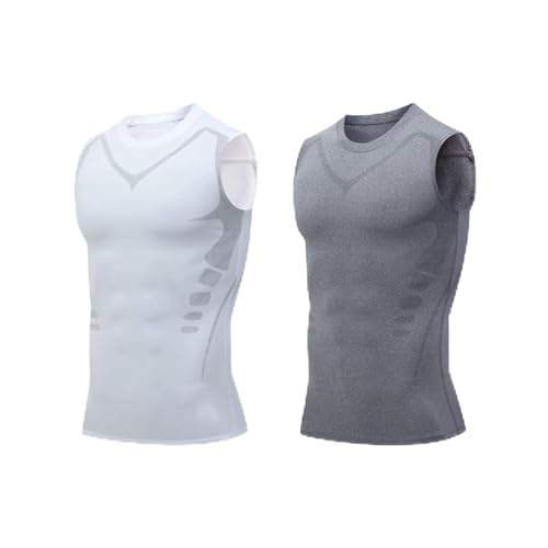 mugeleen EXPECTSKY Ionic Shaping Vest, Fivfivgo Ionic Shaping Vest for Men, Comfortable Men Compression Top, Atmungsaktiv Eisseide Weste, Body Shaper Schlankheitsweste (M, 2PCS(Grau+Weiß))