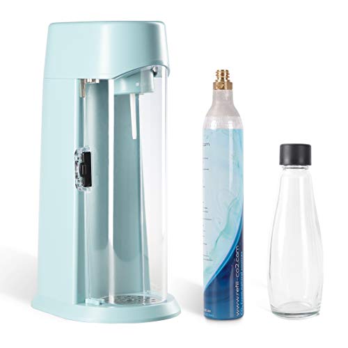 Levivo Wassersprudler inkl. Flasche aus Glas und CO2-Zylinder, geeignet für alle 0,6 l und die großen 1,2 l CO2-Zylinder, macht Schluss mit Kisten schleppen, in türkis