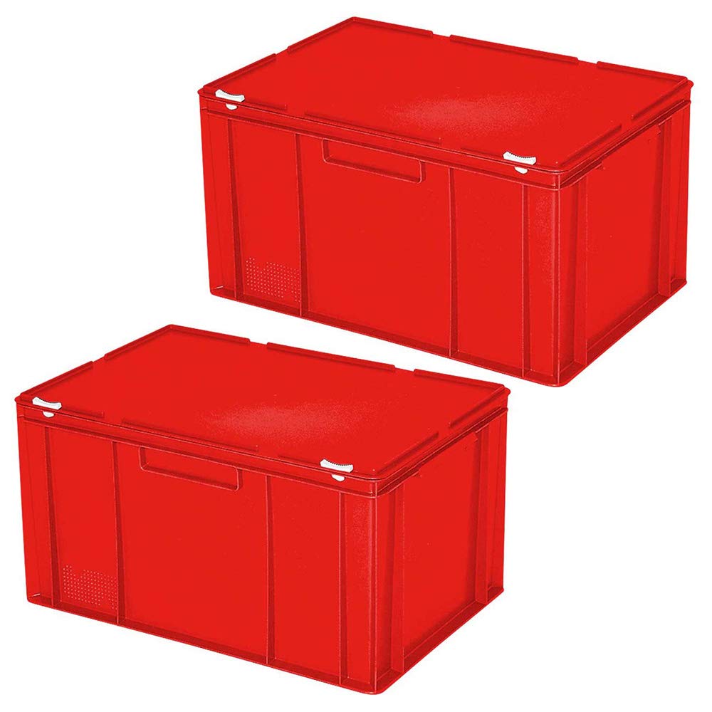 2 Eurobehälter mit Deckel, stapelbar, lebensmittelecht, LxBxH 600x400x330 mm, 63 Liter, PE-HD, rot