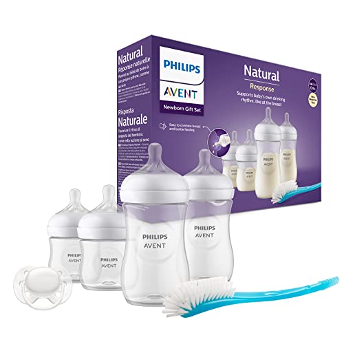 Philips Avent Babyflaschen Natural Response, Geschenkset für Neugeborene – 4 Babyflaschen, ultra soft Schnuller und Flaschenbürste, Babys von 0–12 Monaten und älter (Modell SCD838/11)