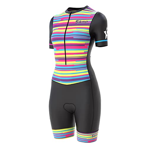 Damen Radsport Skinsuit Frauen Gepolstert Einteiler Trisuit Bike Top Kurz Sublimiertes Design Trägerhose, Schwarz/Mehrfarbig, 36