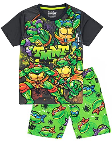 Teenage Mutant Ninja Turtles Jungen Pyjamas | Leonardo Michelangelo Donatello Raphael Charaktere Schwarz Grün T-Shirt Shorts Nachtwäsche | TMNT Merchandise