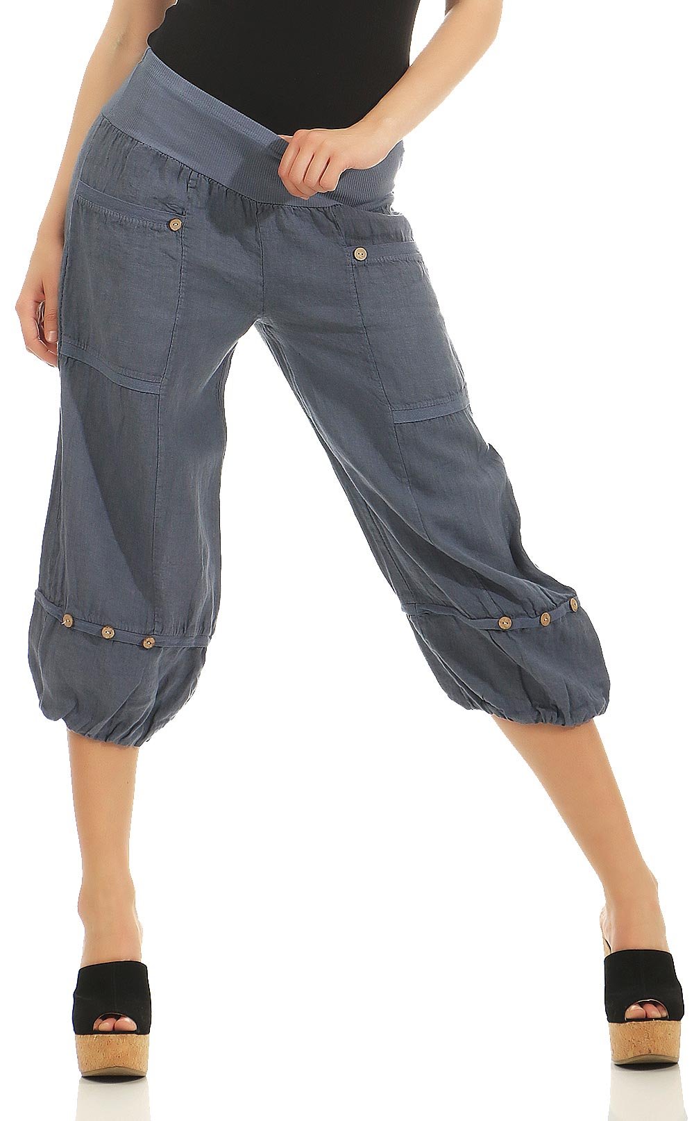 Malito Damen Hose aus Leinen | Stoffhose in Uni Farben | Freizeithose für den Strand | Chino - Capri Hose 1575 (Jeansblau, XL)