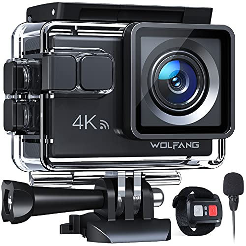 Action Cam 4K 60FPS, WOLFANG GA300 20MP Touchscreen WiFi Unterwasserkamera, 40M wasserdichte Helmkamera mit 8X Zoom 6 AXIS EIS (Externes Mikrofon, 2.4G Fernbedienung, 2x1350mAh Akkus und Zubehör Kit)