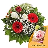 Dominik Blumen und Pflanzen, Blumenstrauß "Gruß von Herzen" mit Rosen, Gerbera und Johanniskraut und Grußkarte "Rosen"