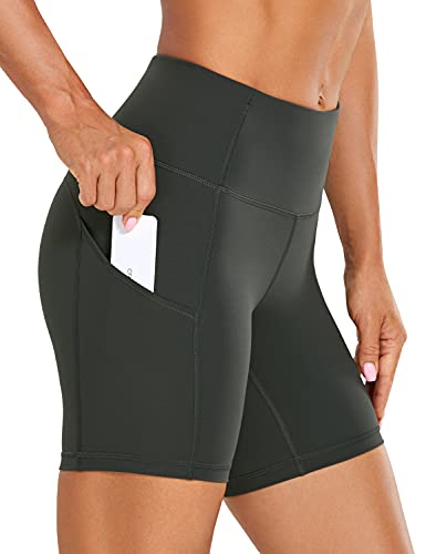 CRZ YOGA Damen Fitness Shorts mit Taschen,Hohe Taille Yoga Sporthose-15.24cm Olivgrün 42
