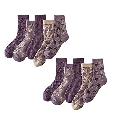 Aoguaro 5/10 Paar Damen-Socken mit Blumenmuster, Baumwolle, Vintage-Stil, Crew-Socken, bestickt mit Blumenkleid, modische Socken