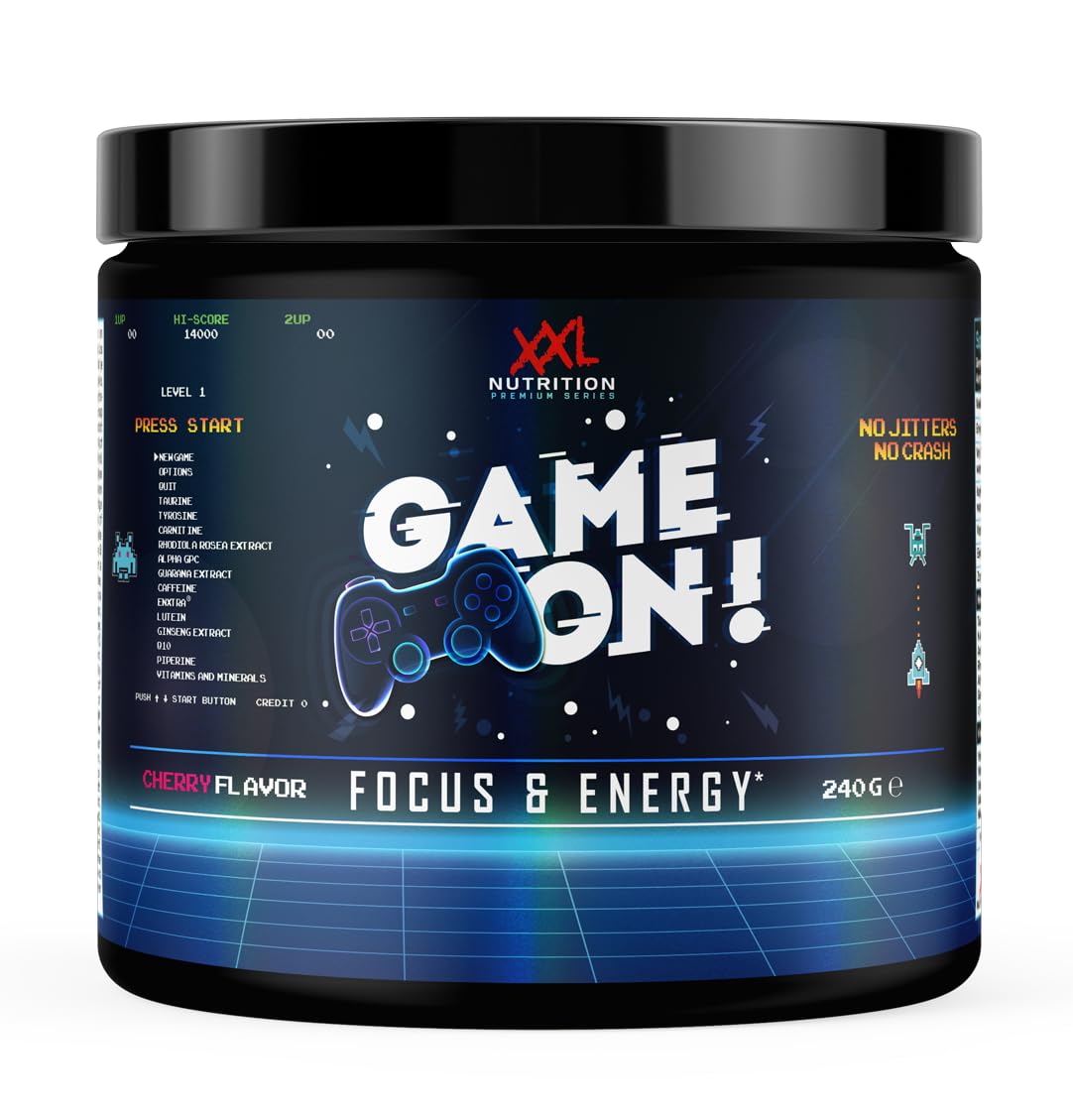 XXL Nutrition - Game On - Gaming Booster, Energy Drink Pulver, mit Koffein - Cherry - 240 Gramm