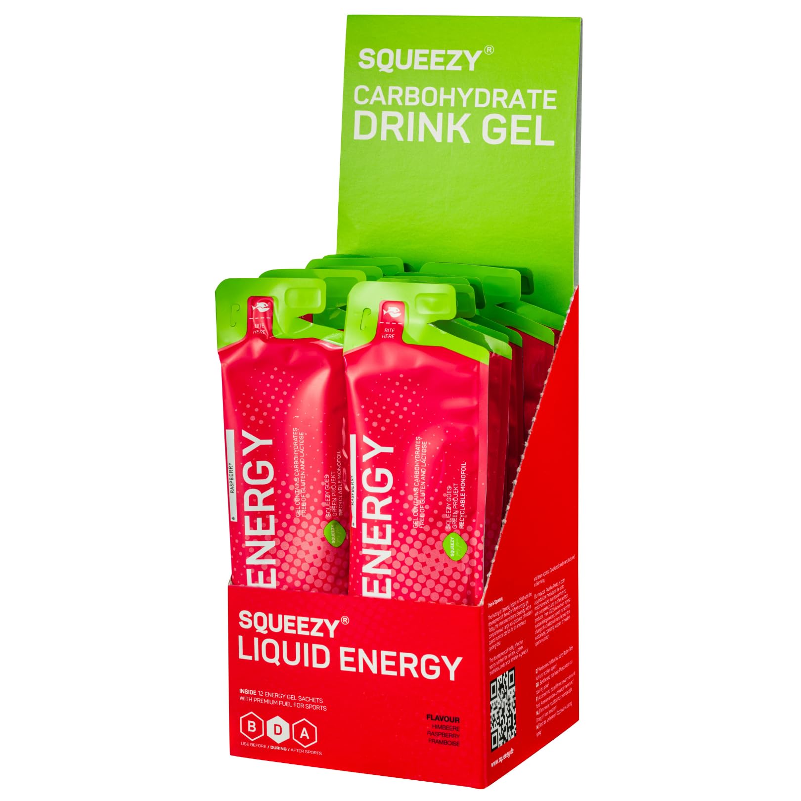 Squeezy Liquid Energy (Himbeere) 12er Pack - Sport Energy Gel mit erhöhtem Wasseranteil für schnelle & dauerhafte Energie bei maximaler Verträglichkeit beim Radsport, Marathon & Co. - ohne Nachtrinken