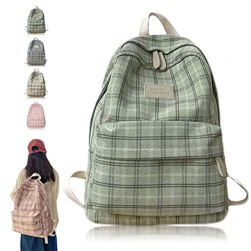 Large Capacity Casual Plaid Backpack Sage Green Backpack for Girls Teens Light Academic Backpack Checkered Aesthetic Backpack Preppy Back to School Supplies (Salbeigrün)