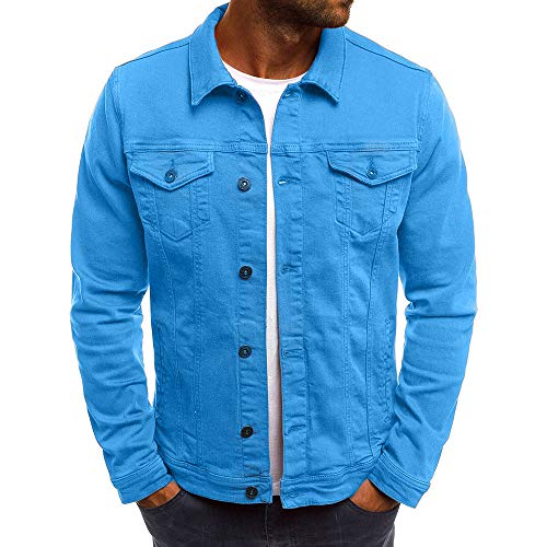 KPILP Herrenmode Herbst Winter Taste Einfarbig Vintage Jeansjacke Tops Bluse Mantel Outwear Langarm-shirt（Blau, L）