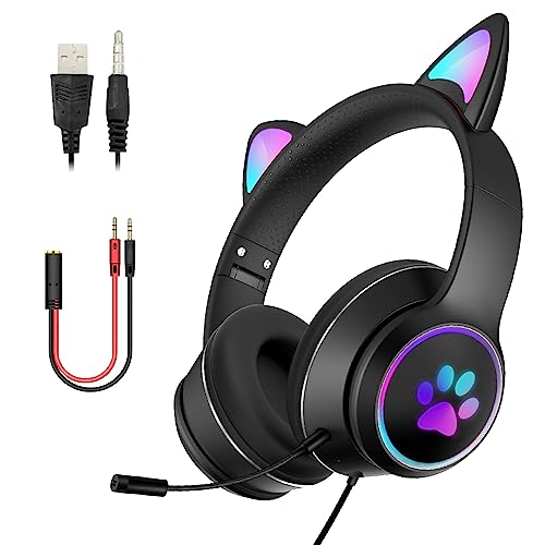 LED-Katzenohr-Kopfhörer, Gaming-Headset für Erwachsene und Jugendliche, verstellbares, gepolstertes Kopfband, abnehmbares Mikrofon, Geräuschunterdrückung und RGB-Licht (Schwarz, USB + 3,5 mm Klinke)