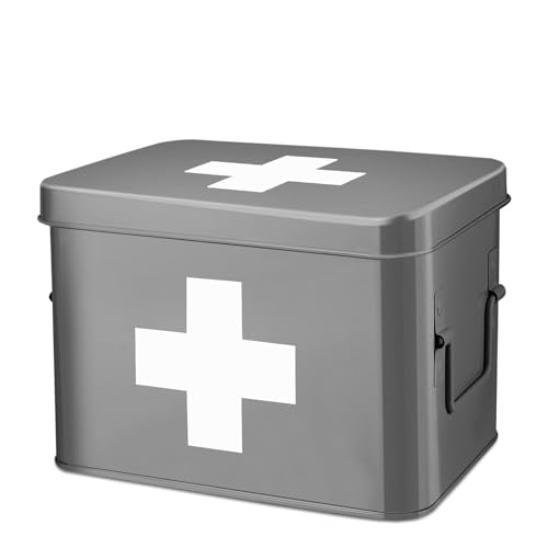 Flexzion Medizinbox, Hausapotheke box, Apothekenbox - 33x21x19cm Medikamenten Aufbewahrung Box aus Metall für Notfall, Erste Hilfe Schrank, mit Seitengriffen, abnehmbarem Tablett & 5 Fächern, Grau