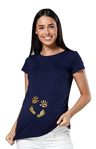 HAPPY MAMA. Damen Baby Hände Fußabdruck T-Shirt Top Oberteil Schwangere. 013p (Marine, EU 42/44, XL)