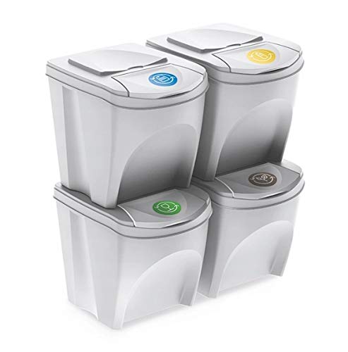 BirnePower Mülleimer Müllbehälter Abfalleimer 100L Set 4 x 25L Mülltrennsystem Behälter Sorti Box mit Deckel Müllsortierer Abfallsammler Weiß
