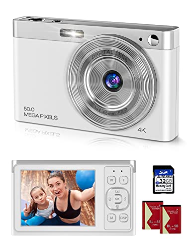 Digitalkamera 4K Ultra HD Mini-Videokamera 50 MP 2,88-Zoll-LCD-wiederaufladbare Studenten-Kompaktkamera mit 16-fachem Digitalzoom YouTube-Vlogging-Kamera für Kinder, Erwachsene, Anfänger(Silber)