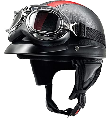 Halbhelme Motorradhelm, Pu-Leder Half Helm mit Schutzbrille, DOT/ECE-Zulassung Retro Halbschalenhelm, mit Schnellverschluss Schnalle, Erwachsene Unisex JetHelm 4,L=54-62