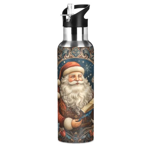 Cartoon Weihnachtsvater Trinkflasche Wasserflasche mit Strohhalm für Sport, 600ML Thermosflasche BPA-frei Isolierflasche Edelstahl 18/8 für Kinder Wandern Schule