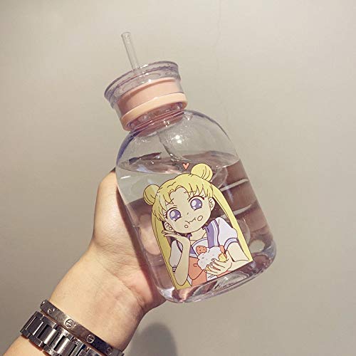 Qiong YaoTIAN Trinkflaschen Sailor Moon Transparente Plastikwasserflasche Cartoon Frosted Wasserflaschen Auslaufsicheres Trinkgefäß Cute Student Girl Cup (Capacity : Cup and Cup cover, Color : 2)
