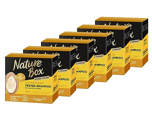 Nature Box festes Shampoo Nährpflege (6x 85 g), festes Haarpflege-Shampoo mit Argan-Öl sorgt für intensive Pflege, recycelbare Verpackung